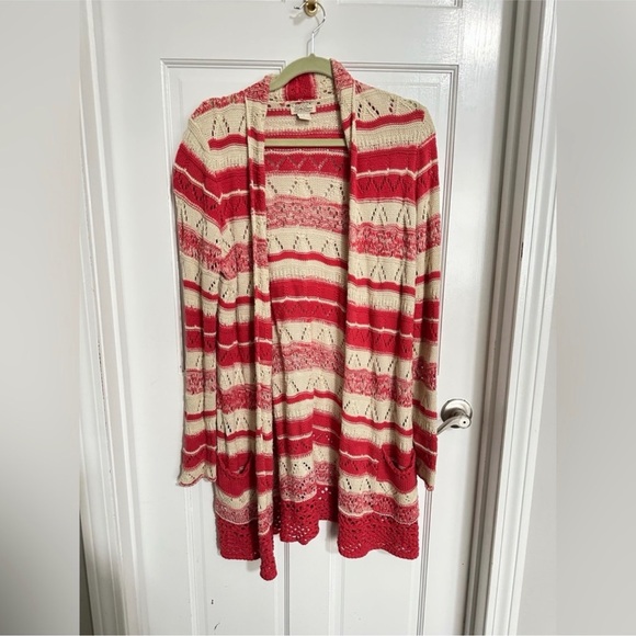 Lucky Brand Boho Valentines Striped Red and Cream Women's Cardigan Sweater Sz L - Picture 2 of 5